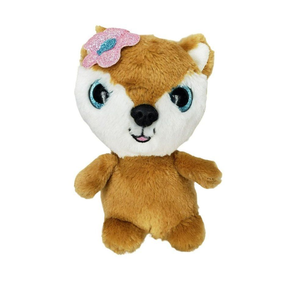 Spark 6" Brown Fox PLush pal with‎ pink blue glitter Flower stuffed animal toy